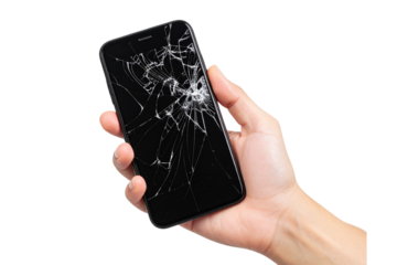 Hand Holding Smartphone with Cracked Screen, Realistic Damage Texture, Isolated on Transparent Background