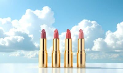 Four luxurious lipsticks in shiny gold cases stand in a row on a reflective surface. This cosmetic product display, with various pink shades, is set against a beautiful blue sky and clo