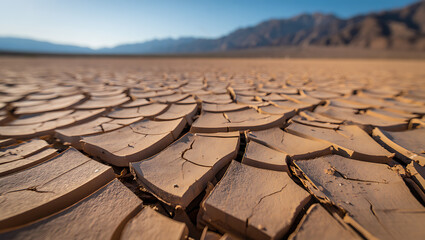 Fototapeta premium Cracked Earth, Dry Desert Landscape Arid Climate, Drought, and Environmental Issues Photography