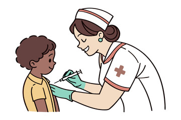 Friendly cartoon nurse gently administers a vaccine injection to a smiling young boy promoting healthcare and childhood immunization awareness