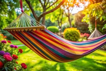 Colorful hammock is hanging in a lush green yard