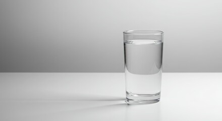 Minimalist and modern photo of a glass of water on a white table with light reflections captured with a creative lens angle, no overlapping elements