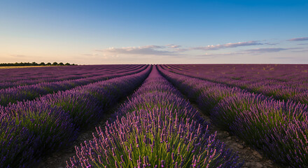 Obraz premium Field of Lavender Flowers under Clear Blue Sky with Warm Sunset Glow