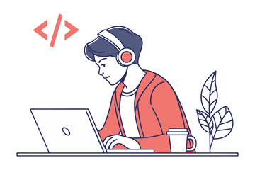 Young person wearing headphones focused on a laptop with coding symbols and a plant nearby representing digital work and learning