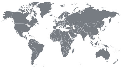 Obraz premium A world map,centered in the image. The map displays all continents and countries with clear, delineated borders.