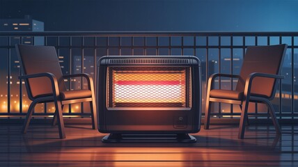Naklejka premium Heater Cozy Balcony Night Scene with Heater and Chairs