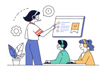 Customer service team training session with a supervisor guiding new employees on computer interface and workflow processes