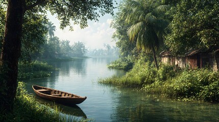 Serene tropical river with wooden boat and village lush
