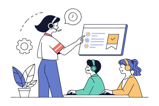 Customer service team training session with a supervisor guiding new employees on computer interface and workflow processes