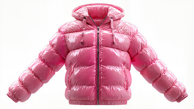 Pink puffy hooded jacket displayed on a white background with copy space, for modern clothes promotion
