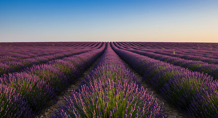 Field of Lavender Flowers under Clear Blue Sky with Warm Sunset Glow