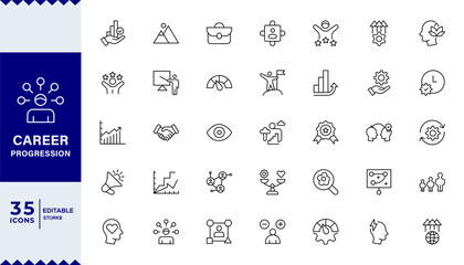Career Progression Development Line Editable Icons set. Vector illustration in modern thin line style of profession related icons: skills, practice, knowledge, and more. Pictograms
