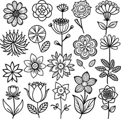 Black and White Flower Doodles: Floral Vector Art, Hand-Drawn Botanical Illustrations, Line Art