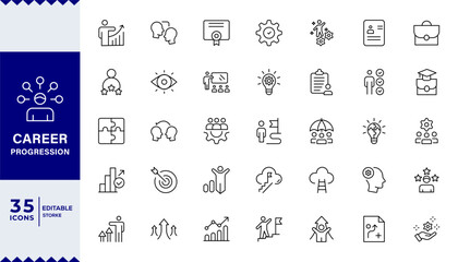 Career Progression Development Line Editable Icons set. Vector illustration in modern thin line style of profession related icons: skills, practice, knowledge, and more. Pictograms