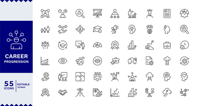 Career Progression Development Line Editable Icons set. Vector illustration in modern thin line style of profession related icons: skills, practice, knowledge, and more. Pictograms