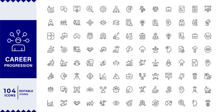 Career Progression Development Line Editable Icons set. Vector illustration in modern thin line style of profession related icons: skills, practice, knowledge, and more. Pictograms