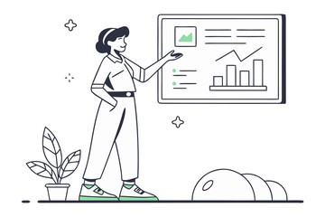 A woman presents a business growth chart on a whiteboard with a plant and abstract shapes in a modern office