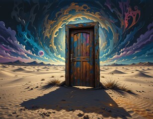 ilustración surrealista de puerta sola en el desierto