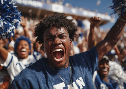 Excited young sports fan shouting with joy, surrounded by cheering crowd in blue and white, bright stadium atmosphere full of energy, unity and celebration.

