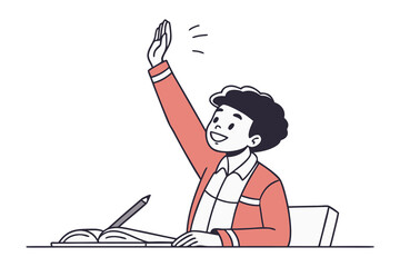 Enthusiastic student with curly hair raises hand to answer a question in class while sitting at a desk with a book and pencil