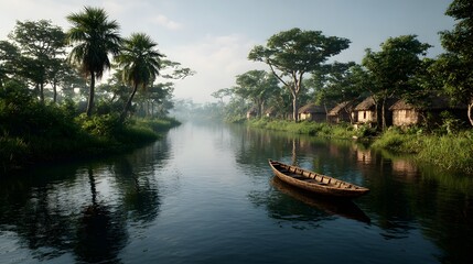 Obraz premium Tropical river village with thatched huts and wooden boat image