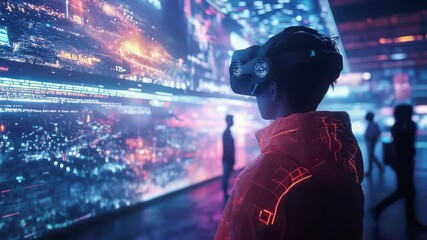 A person wearing vr headset looking at large screen displaying futuristic cityscape scene indoors a - Powered by Adobe