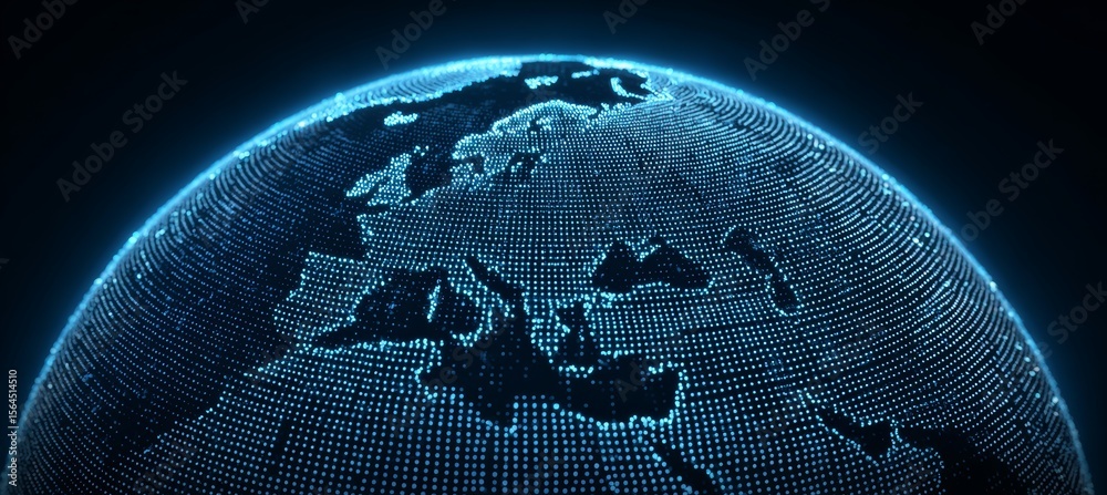 Aufkleber Digital glowing blue world earth planet. Global information data network. Generative AI technology.