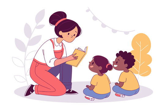 A kind teacher reads a story to two eager young students sitting on the floor in a classroom setting - Powered by Adobe