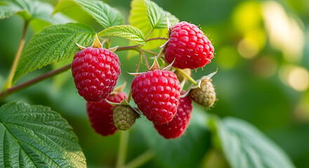 Fresh Red Raspberries on Branches with Morning Dew in Natural Garden Background
