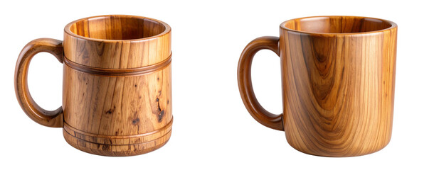  Rustic hand-carved wooden mug with deep grain and curved handle, isolated on transparent background PNG