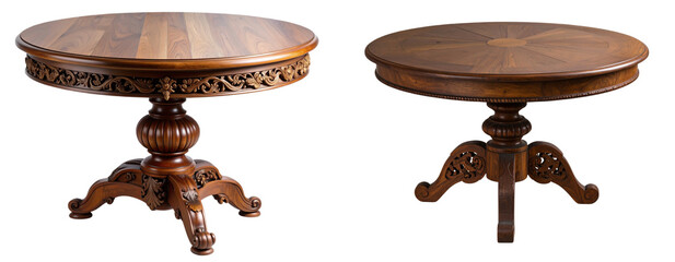 Ornate Round Wooden Table with Detailed Carved Pedestal, isolated on a transparent background