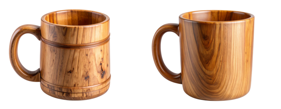  Rustic hand-carved wooden mug with deep grain and curved handle, isolated on transparent background PNG