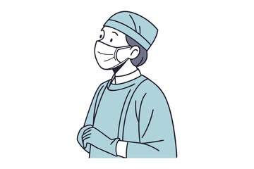 A cartoon illustration of a medical professional wearing a surgical cap mask gown and gloves looking to the side with a focused expression