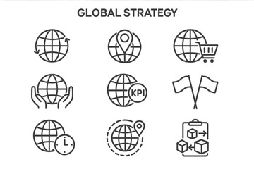 Global strategy icons set featuring maps, kpis, and clocks for business planning