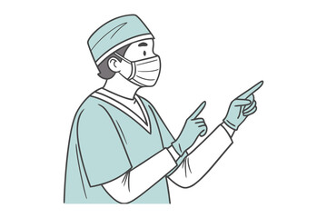 Cartoon medical professional wearing a surgical cap and mask points with both hands indicating direction or making a point