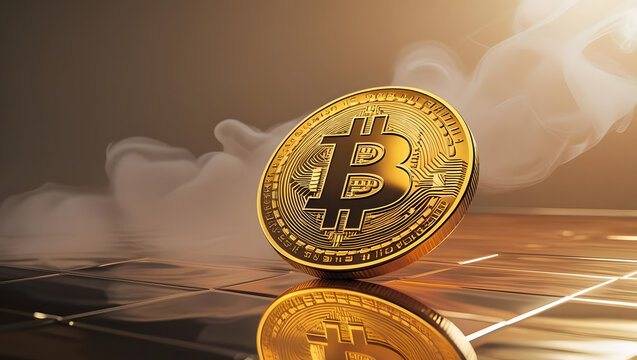 Golden Bitcoin Coin Reflection Smoke Fog