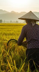 A woman harvesting rice with a sickle, rice fields and mountains in the background