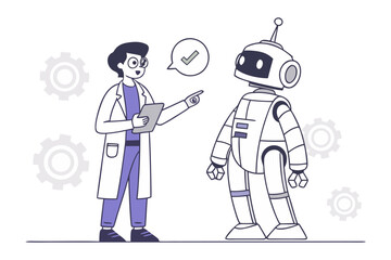 Scientist with clipboard instructs a friendly robot indicating successful task completion with a green checkmark and gears in background