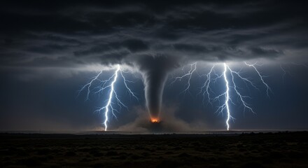 A violent tornado touches down on barren land during a nighttime lightning storm, with electric bolts framing the funnel. Intense and destructive natural force.
