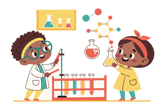 Two diverse children enthusiastically engaged in a fun science experiment with colorful liquids and molecular structures