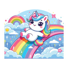 Cute cartoon unicorn sitting on a vibrant rainbow with fluffy clouds and stars