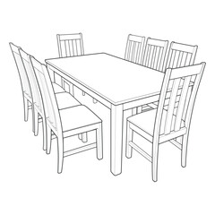 Vector illustration of a hand-drawn dining table with four chairs in clean black and white line art style. 