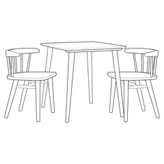 Vector illustration of a hand-drawn dining table with four chairs in clean black and white line art style. 