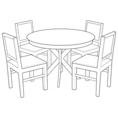 Vector illustration of a hand-drawn dining table with four chairs in clean black and white line art style. 