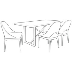 Vector illustration of a hand-drawn dining table with four chairs in clean black and white line art style. 