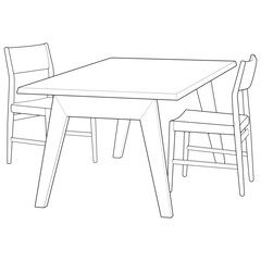 Vector illustration of a hand-drawn dining table with four chairs in clean black and white line art style. 
