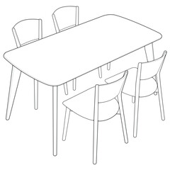 Vector illustration of a hand-drawn dining table with four chairs in clean black and white line art style. 