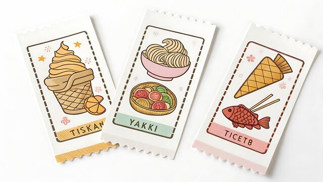 Three tickets with cartoon food illustrations