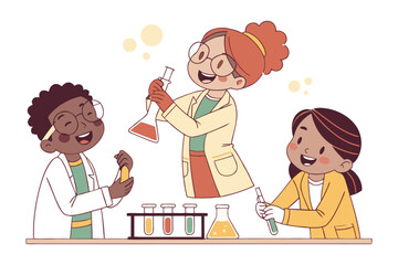 Diverse group of happy children in lab coats conducting science experiments with colorful liquids in beakers and test tubes