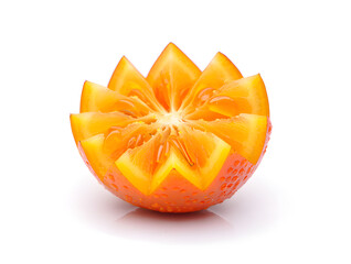 Artistically cut orange with a creative design on a white background, showcasing its vibrant color and unique presentation, ideal for culinary or healthy eating themes.